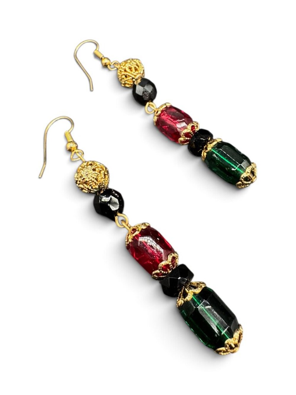 Dangling Pierced Earrings Gold Tone Green and Red Beads Christmas